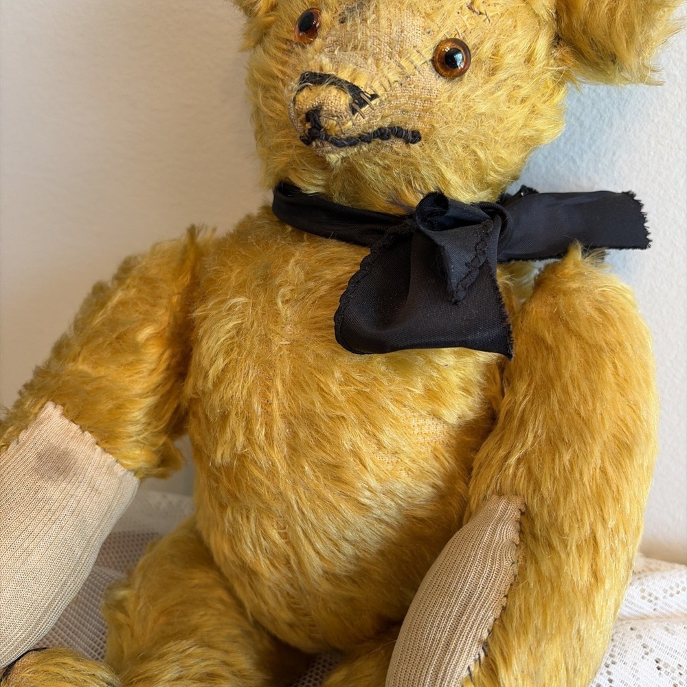 Antique 1920s Golden Mohair Teddy Bear Fully Jointed Hump Back Glass Eyes 16in - Picture 3 of 16